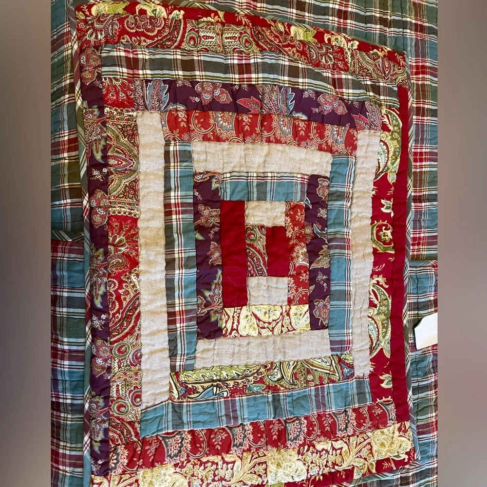 RARE Pottery Barn Vintage Log Cabin Christmas Patchwork Quilt Set- F/Q Multi